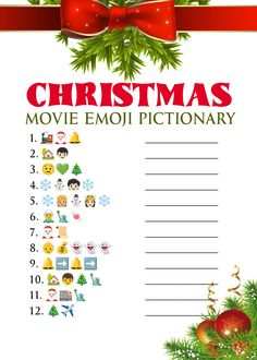 the christmas movie emojtionary is shown in red and green with a bow on it