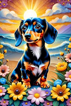 a painting of a dachshund sitting in front of flowers and the sun