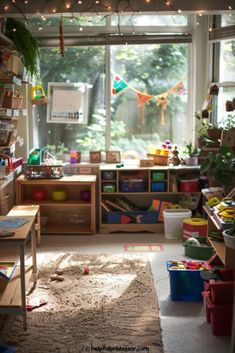 a child's playroom with toys and lights in the window, on carpeted floor