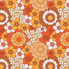 an orange and white flower pattern with many different flowers on it's sides, all in