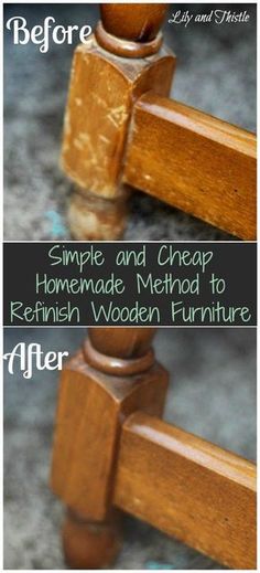 a wooden bed frame with the words simple and cheap homemade method to refinish wooden furniture