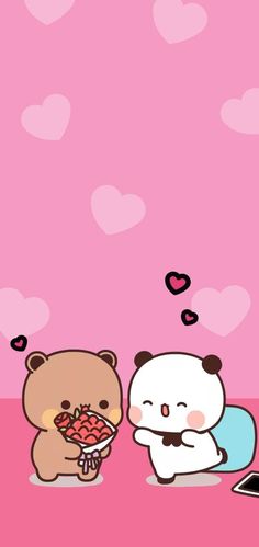 two cartoon bears eating some food on a pink surface with hearts floating above them and one bear holding a piece of meat in its mouth