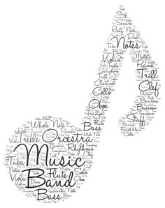 a music note made up of words in the shape of a handwritten letter,