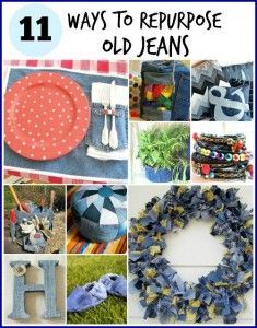 collage of old jeans with the title 11 ways to repurpose old jeans