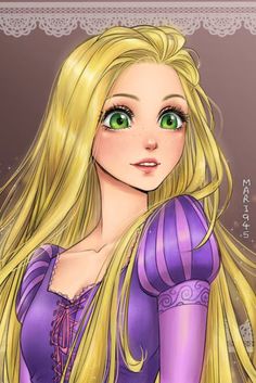 a drawing of a blonde haired girl with green eyes and long hair, looking at the camera