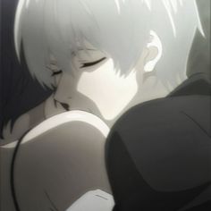 an anime character with white hair hugging another person's shoulder and looking at the camera