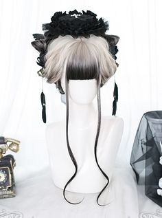 White And Black Hair Extensions, The Virgin Hair Fantasy Wigs, Black Pig Tails Wig, Trad Goth Wigs Black, Vampire Female Wig, Goth Wigs Black, Black And White Curly Wigs, Hair Griwth, White Gradient