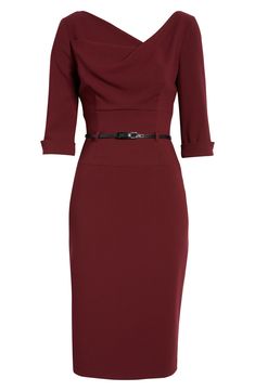 A slender belt accentuates the waist of this figure-skimming sheath that will take you from office meetings to fanciful dinners with sophisticated style. 62% polyamide, 33% viscose, 5% elastane Dry clean Made in the USA of imported fabric Chic Fitted Belted Bodycon Dress, Chic Belted Fitted Bodycon Dress, Chic Belted Bodycon Dress, Fitted Evening Dress With Belt Detail, Office Sheath Dress With Belt, Fitted Classic Belted Dress For Office, Classic Fitted Belted Dress For Office, Fitted Business Belted Dress, Fall Workwear Midi Dress With Asymmetrical Neckline