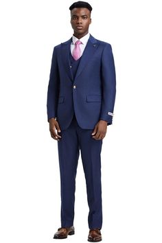 This fashion forward suit from Stacy Adams features a 1 button suit jacket with a wide peak lapel, side vents, a gold button closure, and a contrast pinstripe. The vest is double breasted and also features gold buttons. The pants are flat front. (Sizes 34-44 = Slim Fit / Sizes 46+ = Modern Fit) Formal Three-piece Suit With Buttons, Elegant Blue Three-piece Suit With Buttons, Dapper Tailored Double Breasted Suit With Notch Lapel, Elegant Pinstripe Double Breasted Suit With Double Button Closure, Luxury Blue Suits With Double Button Closure, Formal Pinstripe Blazer With Suit Collar, Elegant Blue Double Breasted Suit With Button Closure, Semi-formal Pinstripe Suit With Double Button Closure, Elegant Pinstripe Double-breasted Suit With Double Button