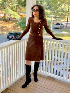 Rare item. I have never seen another Gucci Vintage Suede Coat Dress before. Has Gold Metal Gucci Buttons and a Gold Metal Gucci Belt with logo buckle. Very Spirited Italian meets Rock and Roll. Very Good Condition for Vintage with a small amount of wear. There is a slight spot as shown in the picture  that would benefit from a professional suede cleaning. Please take into consideration that it was well loved and there is light wear as such. Vintage Gucci Dress, Vintage Suede Coat, Rock And, Gucci Dress, Gucci Vintage, Suede Coat, Vintage Suede, Gucci Belt, Brown Suede