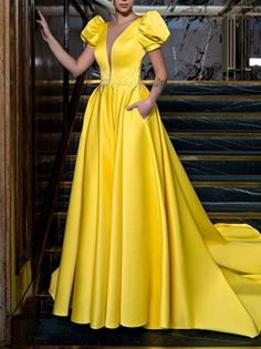 Fabric: Satin Silhouette: A-Line/Princess Neckline: V-Neck Hemline/Train: Floor-length Embellishment: Ruffles,Beading Sleeve: Short Sleeves Shown Color: Yellow,Fuchsia Prom Dresses Yellow, Floor Length Prom Dresses, Look Retro, فستان سهرة, High Waist Dress, High Waist Fashion, Maxi Robes, Evening Dresses Elegant, Loose Dress