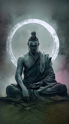 a buddha statue sitting in front of a full moon