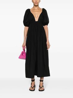 GANNI V-neck Poplin Midi Dress - Farfetch Midi Dress Black, Versace Outfit, City Dress, Poplin Dress, Maxi Dress Cotton, Summer Beach Wear, Black Midi Dress, Black Maxi Dress, Puff Sleeves