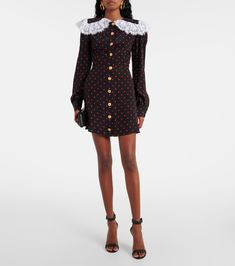 Polka-dot lace-trimmed silk minidress in black - Alessandra Rich | Mytheresa Designer Long Sleeve Mini Dress, Designer Mini Dress For Formal Occasions, Designer Formal Mini Dress, Designer Long Sleeve Dresses With Button Closure, Luxury Fitted Mini Dress With Button Closure, Elegant Viscose Dresses With Buttons, Designer Formal Dress With Buttons, Silk Long Sleeve Dress With Button Closure, Mini Dress With Button Closure For Evening