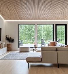 a living room with couches and large windows