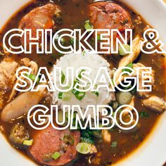 chicken and sausage gumbo in a white bowl