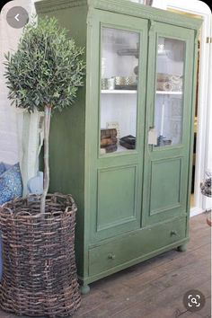 a green cabinet sitting next to a potted plant in a basket on top of a wooden floor