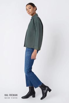 Our kimono top in Loden green is here and perfect for your winter capsule wardrobe. Made in our Italian Broadcloth, this style has a drop shoulder fit, v-neck front with pleat detail for ease of movement, and a clean finish cuff that can easily be rolled up. On its own or as a layering piece, this style pairs well with any slim bottom. Collar Construction, Timeless Fashion Pieces, Loden Green, Ponte Pants