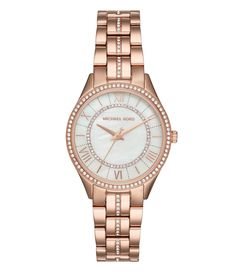 From Michael Kors&#x2C; the Lauryn women's watch features:rose gold-tone stainless steel 3-link bracelet with glitz-detailed center and deployant closurerose gold-tone stainless steel round case with sparkling crystal topringwhite dial with pav  ring and rose gold-tone Roman numeral indexes3-hand analog movementapprox. 33mm case size; 16mm bracelet width5 ATM water resistanceImported. Watches Women Michael Kors, Rose Gold Watch, Luxury Watches For Men, Watch Brands, Crystal Bracelets, Michael Kors Watch, Stainless Steel Bracelet, Quartz Movement, Gold Watch