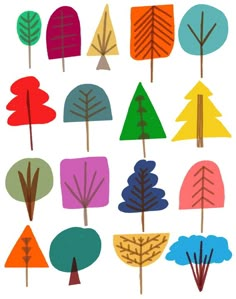 an illustration of trees with different colors and shapes in the background, on white paper