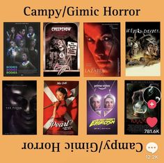 the movie poster for campy / glimic horror is displayed on an orange background