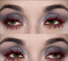 Makeup That Goes With Red Hair, Red Contact Lenses Makeup, Colored Eyeliner Ideas, Red Mascara Looks, Red Grunge Makeup, Work Halloween Makeup, Dreamcore Makeup, Christmas Makeup Ideas Simple, Red Black Makeup