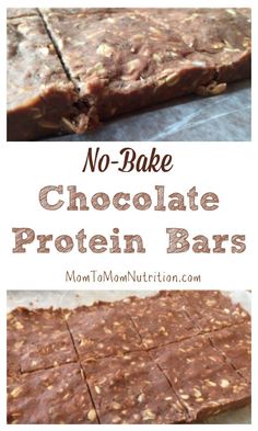 no - bake chocolate protein bars are stacked on top of each other with the words,