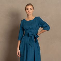 📏 FIT Miley dress features a relaxed fit that is perfect for a casual look. The obi belt included with the dress allows you to define your waist, creating an hourglass figure. Please note, the garment naturally softens and relaxes as you wear it throughout the day. This style is ideal for apple, rectangular, or pear-shaped figures. 👉Model wears Cobalt Blue color. Model is 176cm/5'9" tall and wears a size S; Bust 85cm / 33.5"; Waist 66cm / 26"; Hips: 92cm / 36.2". We have the same style with di Blue Belted Midi Dress For Daywear, Summer Dresses With Self Belt, Casual Knee-length Belted Dress, Summer Knee-length Dress With Belt, Blue Belted Dress For Daywear, Casual Knee-length Dress With Belt, Relaxed Fit Belted Midi Dress, Relaxed Fit Dresses With Tie Waist For Work, Relaxed Fit Workwear Dresses With Tie Waist