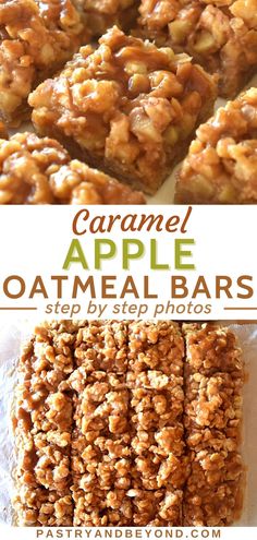 caramel apple oatmeal bars stacked on top of each other with the title above it