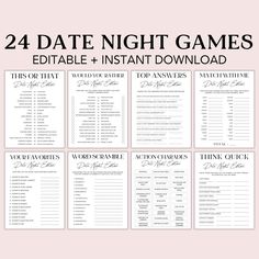 the printable wedding game is shown in black and white, with text that reads 24 date night games edittable + instant