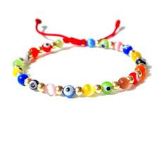 "Multicolor evil eye beads bracelet on adjustable red or black string interspersed with milky way glass beads and gold-filled accent beads  Bracelet is made safe for you to get it wet so you can keep it on all the time with our adjustable sliding knot that will let you adjust the bracelet to a perfect fit Wrist size is custom-made to your own wrist and beads are 4mm wide approx. Handmade with Love and care in our workshop Free shipping in USA Ready to ship today Safe to get wet Made in USA ♡ 𝗠? Cheap Multicolor Evil Eye Bracelet With Round Beads, Trendy Adjustable Multicolor Evil Eye Bracelet, Trendy Adjustable Evil Eye Friendship Bracelets, Adjustable Red Evil Eye Bracelet Hand-strung, Adjustable Red Evil Eye Bracelet, Hand-strung, Trendy Evil Eye Jewelry, Adjustable Multicolor Beaded Evil Eye Bracelet, Adjustable Hand-strung Evil Eye Bracelet For Festival, Trendy Adjustable Evil Eye Bracelet With Colorful Beads