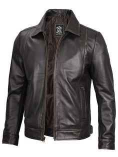 Dark brown real leather jacket Classic Leather Jacket With Zipper For Outdoor, Classic Leather Jacket With Zipper Closure For Outdoor, Fitted Brown Outerwear For Outdoor, Classic Winter Biker Jacket For Outdoor, Rugged Long Sleeve Outerwear With Padded Collar, Classic Brown Biker Jacket For Outdoor, Classic Leather Outerwear For Outdoor, Classic Sport Coat With Padded Collar For Outdoors, Classic Leather Outdoor Outerwear