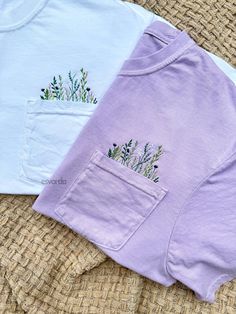 this listing is for a super comfortable unisex embroidered pocket t shirt embroidered with wildflowers. great for any day comfort!  multiple colors available; for more sizes/colors please reach out. - 100% cotton - unisex carment-dyed please keep in mind that I am not in control of delivery delays. due to items being handmade, small variations may occur in placement, colors, and fonts. colors may vary slightly due to variations in monitor settings. i use a soft protective covering on the inside Pocket Tee Embroidery, Embroidered Comfort Colors, Embroidered Shirts, Casual Everyday Embroidered T-shirt, Wildflower Pocket Shirt Embroidered, Comfort Colors Pocket Tee, Tea Shirt, Embroidered Tee, Plant Lover Gift