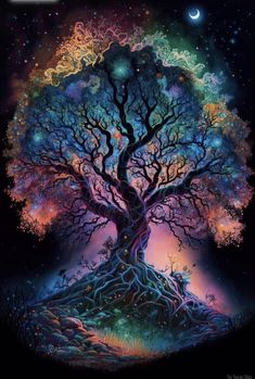 a painting of a tree with stars in the sky