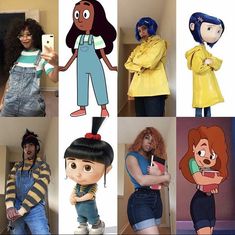 there are many different cartoon characters in the same photo, but one is wearing overalls