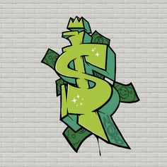 graffiti on a brick wall with the word $ written in green and dollar bills drawn across it