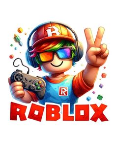 a cartoon character with headphones holding a game controller and making the peace sign for roblox