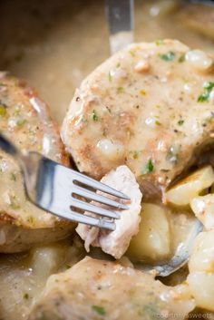 a close up of food in a pan with a fork