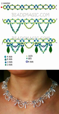 the instructions to make beaded necklaces with beads and pearls, including two rows of beads