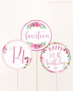 three pink cake toppers with flowers and words on them that say, well reserved