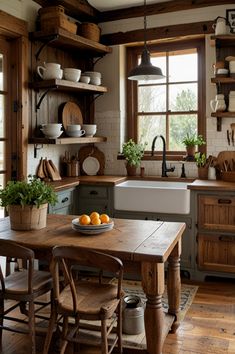 a kitchen filled with lots of wooden furniture and open shelving above a sink next to a window