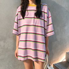 90's Oversized Stripe Tee Oversize Tshirt Outfits, Oversized Outfit, Shirt Tucked In, Big Shirt, Stripe Tee, Hipster Outfits, Pink Style, Tshirt Outfits, Kawaii Clothes