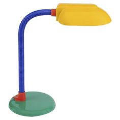 a yellow and blue desk lamp with a red handle on the end, sitting against a white background