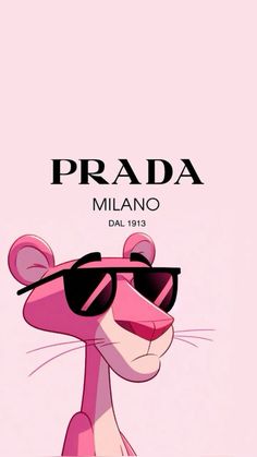 a pink mouse wearing sunglasses and the words prada millano on it's face