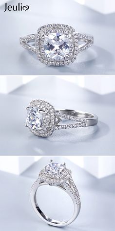 three different views of an engagement ring with diamonds on the sides and in the middle