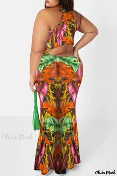 Olivia Mark - Chic Hollowed Out O Neck Sleeveless Plus Size Dress with Fashionable Print in Orange and Green Sleeveless Multicolor Dress With Tropical Print, Multicolor Sleeveless Dress With Tropical Print, Tropical Fitted Sleeveless Maxi Dress, Tropical Multicolor Sleeveless Dress For Spring, Multicolor Sleeveless Dress For Beach Season, Sleeveless Tropical Print Maxi Dress For Party, Tropical Sleeveless Dress With Floral Print For Spring, Tropical Sleeveless Floral Dress For Spring, Spring Tropical Sleeveless Dress With Floral Print