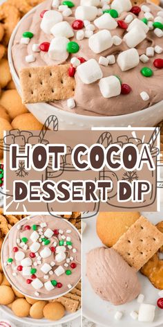 hot cocoa dessert dip with marshmallows and pretzels