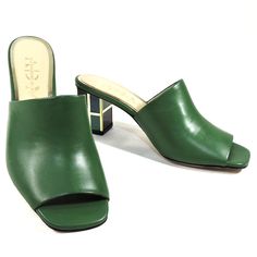 Made In Italy Leather Upper Leather Lining Leather Sole Heel Is 3" Bag Sale Separately Hand Made Shoes Green Open Toe Formal Mules, Elegant Green Open Toe Mules, Elegant Green Mules For Evening, Green Evening Mules With Padded Heel, Chic Green Mules For Formal Occasions, Elegant Green Open Heel Mules, Elegant Green Sandals With Square Toe, Elegant Green High Heel Mules, Chic Green Mules For Evening