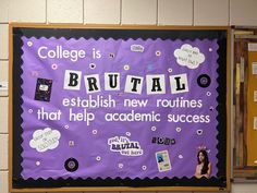 a bulletin board with writing on it in a school hallway, surrounded by magnets