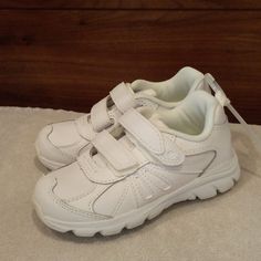 Brand New No Box Slip-resistant Round Toe Sneakers For Playtime, Casual Slip-on Sneakers For Daycare, White Slip-resistant Sneakers For Playtime, School Sneakers With Soft Sole And Closed Toe, Soft Sole Closed Toe Sneakers For School, Closed Toe Sneakers With Soft Sole For School, Leather Sneakers For School With Round Toe, Leather Closed Toe Sneakers For Playtime, Toddler Boy Sneakers